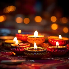 Happy Diwali! Clay Diya lamps are illuminated during the celebration of Diwali, the Hindu festival of lights.
