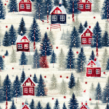 Fototapeta Rustic country christmas cottage with primitive hand sewing fabric effect. Cozy nostalgic shabby chic homespun americana winter handmade crafts style seamless pattern.