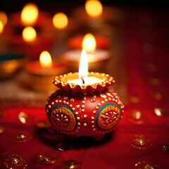 Happy Diwali! Clay Diya lamps are illuminated during the celebration of Diwali, the Hindu festival of lights.