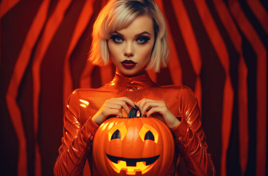Halloween woman holding a carved pumpkin in a spooky halloween outfit.