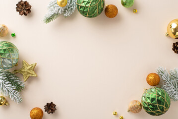 Craft your winter wonderland concept. Top view of gleaming tree decor, green, golden, orange balls,...