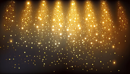 Sparkling Retro Lights Background in Dark Gold and Black, Cascading gold sparkles, brighter at the top and fading towards the bottom - obrazy, fototapety, plakaty