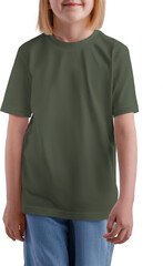 Obraz premium Mockup green, khaki, army T-shirt on a girl in jeans, png, front view