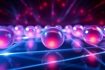 Abstract neon background with glass balls and laser rays, glowing infrared light. Generative AI