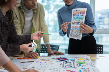 Team of ux developer and ui designer brainstorming interface wireframe design. Creative digital development agency