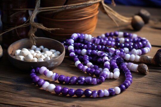 wampum beads on a wooden surface