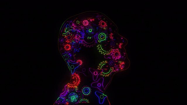  Human Head Silhouette And Gears Working With Together Glowing,  Animation.Full HD 1920×1080. 05 Second Long.LOOP.