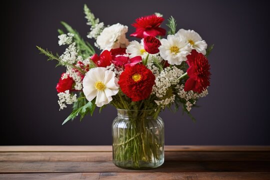 red and white flowers arranged in a glass vase