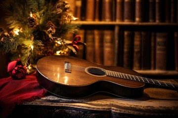 a guitar next to a christmas songbook