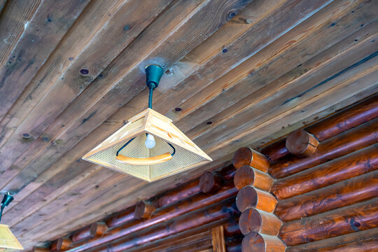 Wooden Chandelier In Wooden House, Wooden Light Fixture