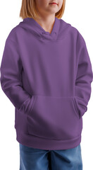 Mockup of a violet hoodie with a pocket for a girl in jeans, png, front view