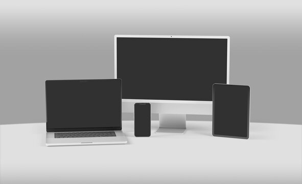 PARIS - France - April 28, 2022: Newly Released Apple Devices, Imac 24 Desktop Computer, Iphone 13 Pro Max Mobile, Macbook Laptop, Ipad Tablet- 3d Realistic Rendering Screen Mockup On Grey