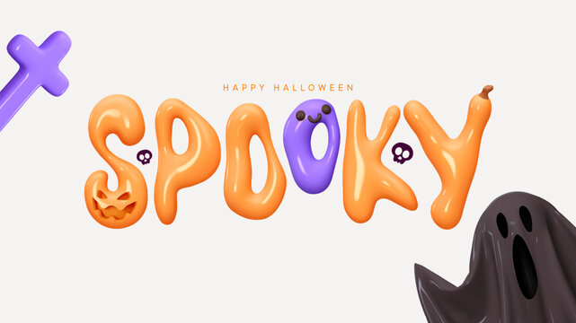 Happy Halloween day. Spooky Orange lettering text with black scary ghost. Halloween background. Realistic 3d design in plastic style. Vector illustration