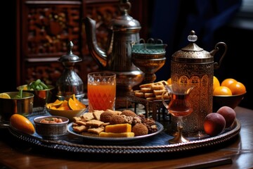 Obraz na płótnie Canvas moroccan teapots, glasses, and traditional dessert on a carved tray