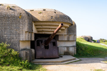 Two bunkers holding each a 150 mm gun in the Longues-sur-Mer battery in Normandy, France, a WWII German coastal artillery battery part of the Atlantic Wall fortifications.