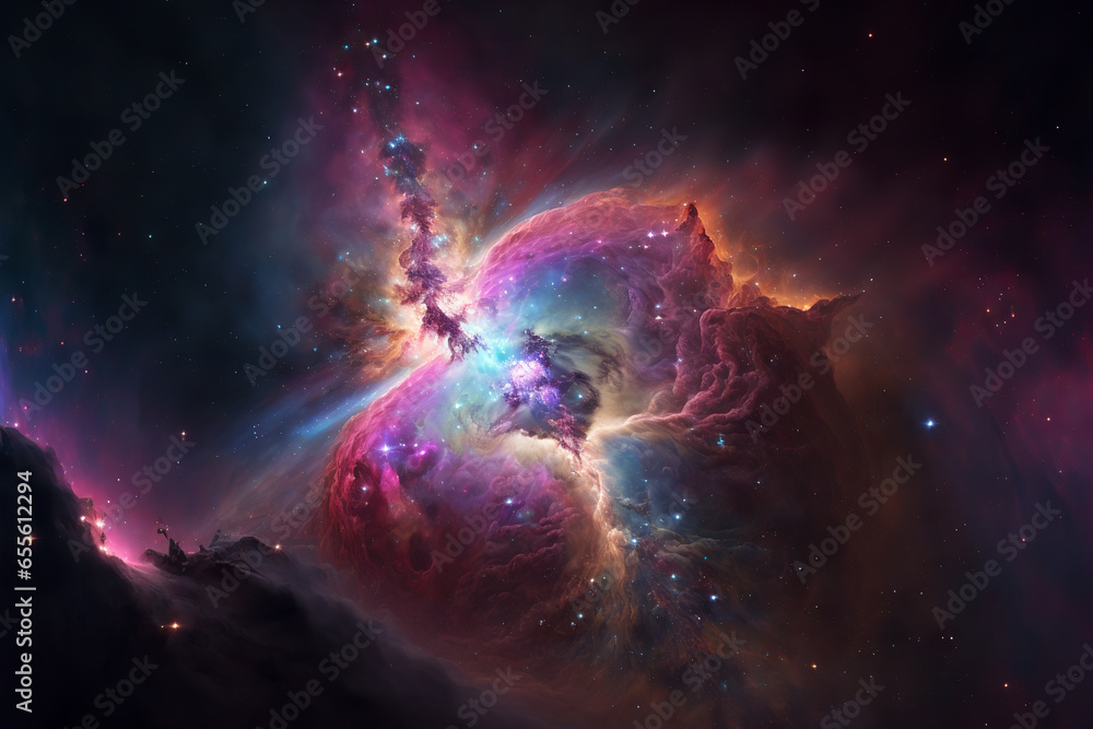 Poster large view of a colorful dark nebula in space. cosmic background with bright shining stars, galaxies