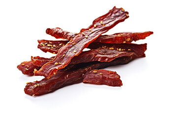 Couple of flavored beef jerky strips isolated on white background 