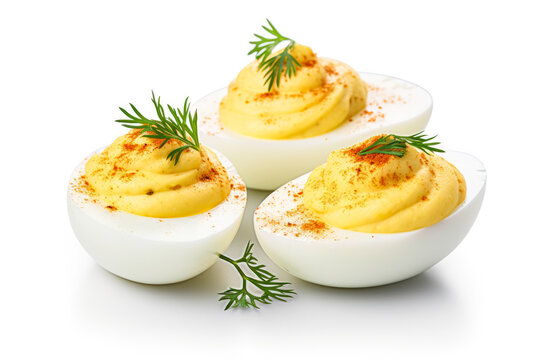 Couple of deviled eggs ideal for beer snacks isolated on white background 