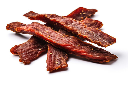 Couple of flavored beef jerky strips isolated on white background 
