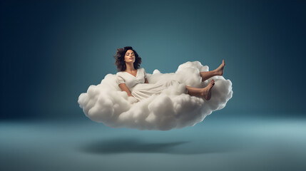 femme qui dort sur un nuage qui flotte dans les airs - obrazy, fototapety, plakaty