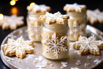 Fototapeta na wymiar glass jar housing sugar cookies with snowflake icing