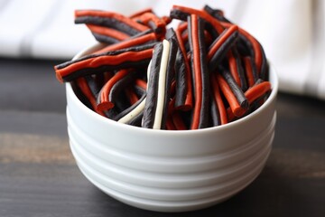 black and orange striped licorice twists in a white bowl - Powered by Adobe