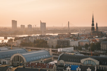 Sunset view from the Latvian Academy of Sciences Observation deck in Riga, Latvia