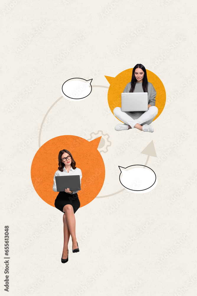 Aufkleber Collage picture sketch of two business ladies working using modern technology netbook devices isolated on drawing background
