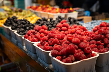 raspberries in a market