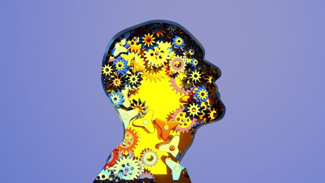 Human Head Silhouette And Gears Working With Together Purple
