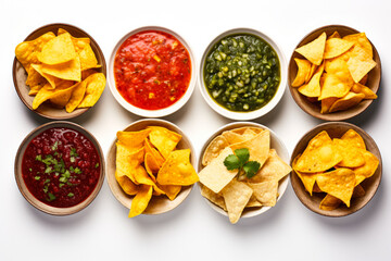 Collection of spicy tortilla chips with assorted salsas isolated on white background 