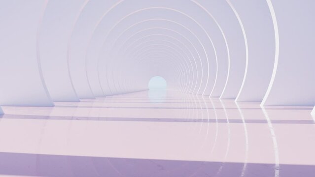 3D render of slow moving camera through light colored round archway in day light with sun shadow and reflections on floor, 4K seamless loop abstract architectural live wallpaper