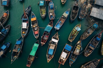 Fototapeta na wymiar An aerial view shows various boats in a harbor. Generative AI