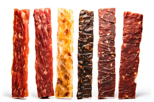 Exhibit of assorted flavored beef jerky strips isolated on white background 
