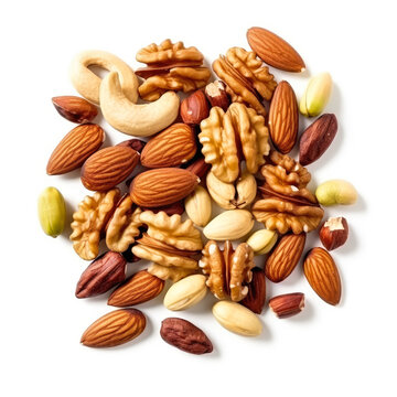 Exposure of assorted roasted and spiced nuts ideal for beer snacks isolated on white background 