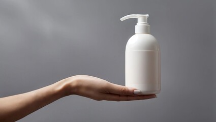 Woman's hand holding a white pump bottle of cosmetics on a gray background. Bath accessories for body care, spa skin care concept