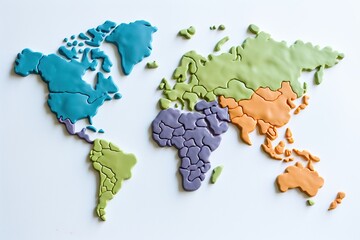 Silhouette of a world map made of plasticine on a white background. Children's craft. Teaching children. Generated by artificial intelligence