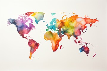World map drawing in watercolor. Multicolored world map on white background. Generated by artificial intelligence