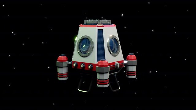 Small spaceship, landing module with astronaut on board, hovers in space. 3D looped animation.