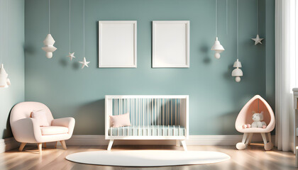 Cozy interior background of cute children's room, furniture including empty poster frame and crib.