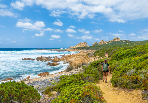 Corse (France) - Corsica is a big touristic french island in Mediterranean Sea, with beautiful beachs and mountains. Here a view of the Sentier du littoral from Campomoro