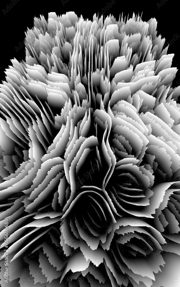 Poster 3d exploding surface in shades of grey on a black background viiewed from overhead