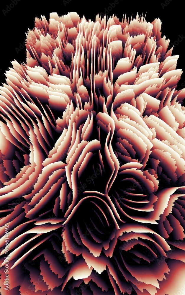 Aufkleber complex 3d exploding surface in shades of red brown on a black background viiewed from overhead