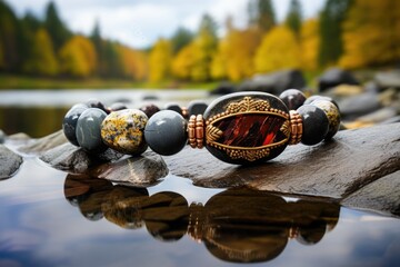 handcrafted beaded bracelet on a wet river stone - obrazy, fototapety, plakaty