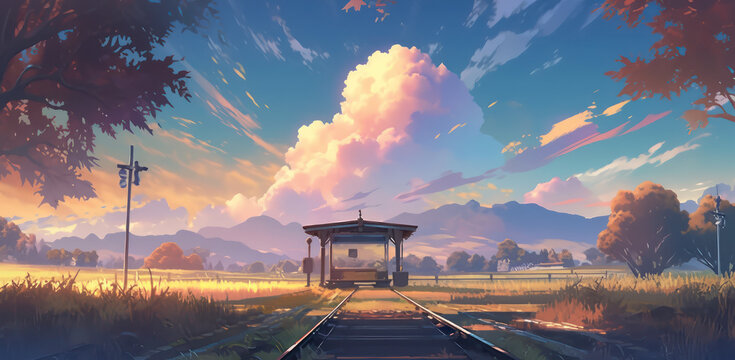 Beautiful aumtumn season landscape with beautiful sky in digital art painting style 