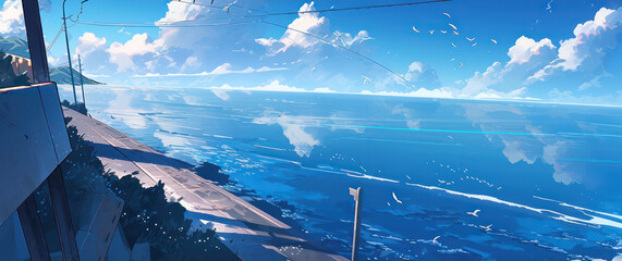 Beautiful blue ocean in digital art painting illustration style  