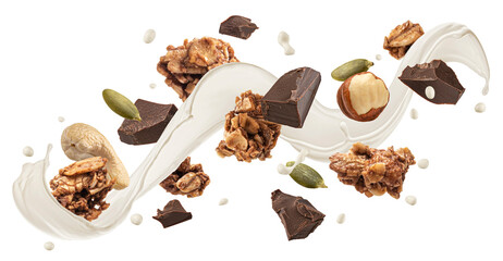Falling granola with milk splash, nuts and chocolate pieces isolated on white background