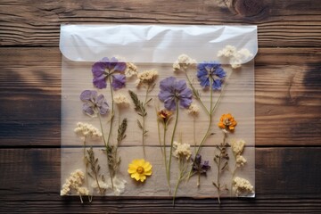 Fototapeta premium envelope with pressed flowers on the cover, lying on a wooden table