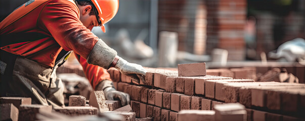 Close up hands of bricklayer, construction worker laying bricks, - obrazy, fototapety, plakaty