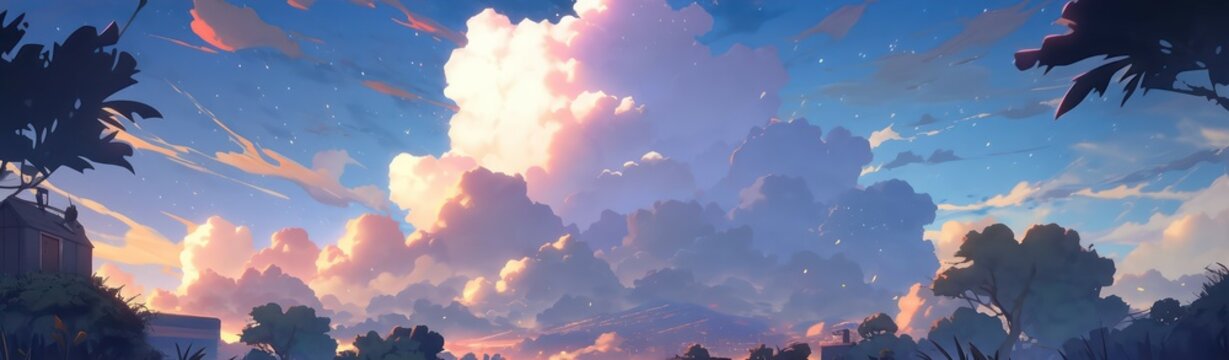 Beautiful sky with clouds in digital art painting style 